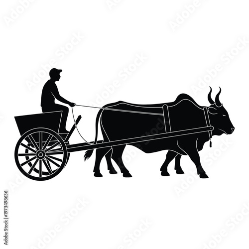 Indian farmer driving a traditional bullock cart vector graphic illustration. rural transportation, agriculture.