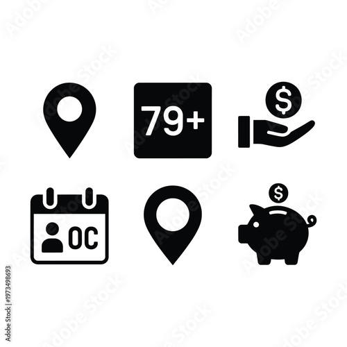 Collection of six essential business and financial icons, including location, analytics, and savings on a transparent background.