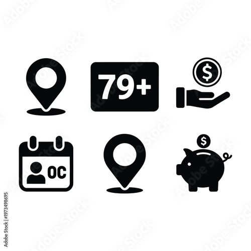 Business and location icon collection featuring map markers currency exchange financial savings piggy bank and calendar symbols.