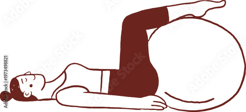 A woman practicing Pilates. Core exercise with a Pilates ball. Hand drawn line art illustration.