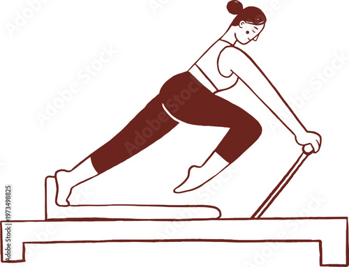 A woman practicing Pilates. Controlled lunge exercise on a reformer. Hand drawn line art illustration.