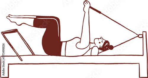 A woman practicing Pilates. Core exercise on a Pilates reformer. Hand drawn line art illustration.