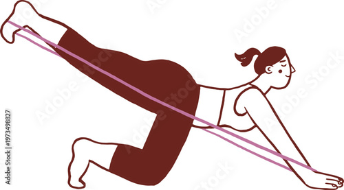 A woman practicing Pilates. Resistance band exercise for the legs. Hand drawn line art illustration.