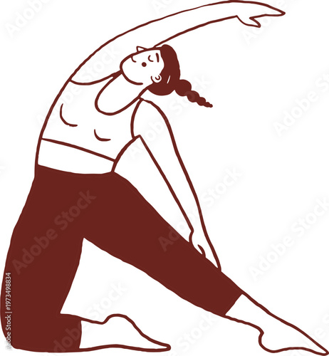 A woman practicing Pilates. Side stretch for flexibility and posture. Hand drawn line art illustration.