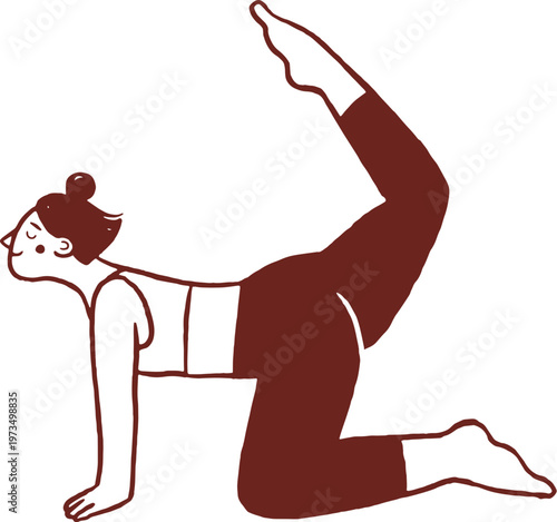 A woman practicing Pilates. Quadruped leg lift balance exercise. Hand drawn line art illustration.