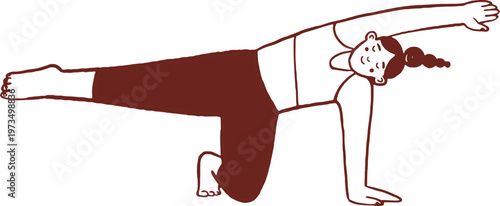 A woman practicing Pilates. Side plank balance exercise. Hand drawn line art illustration.