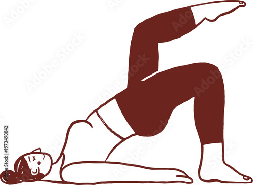 A woman practicing Pilates. Bridge exercise focused on the glutes. Hand drawn line art illustration.