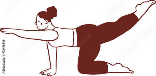A woman practicing Pilates. Balance exercise using arms and legs. Hand drawn line art illustration.