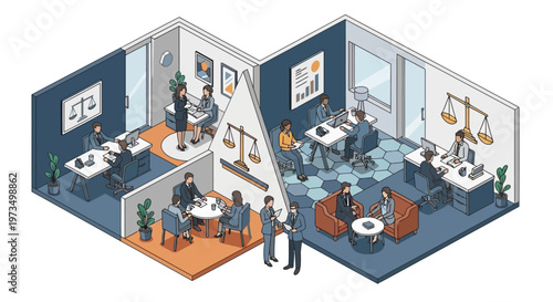 Lawyers working in modern office spaces discussing legal matters.
