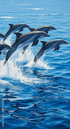Dolphins leaping through the ocean waves, a beautiful marine scene.