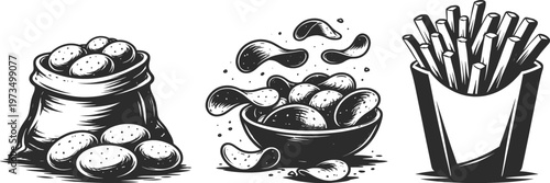 Black and White Potato Chips and French Fries Vector Illustration, Crispy Snack Food Sketch Design.