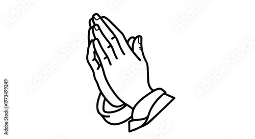 Praying hands, clasped hands, gesture icon, line art, black and white vector