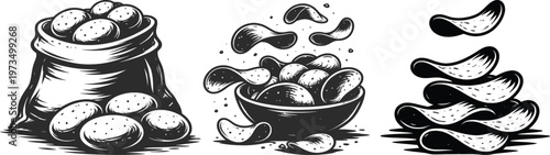 Potato Chips Snack Illustration Set, Crispy Food Vector Collection.