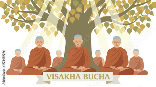 Buddhist Monks Meditating Under Bodhi Tree for Visakha Bucha