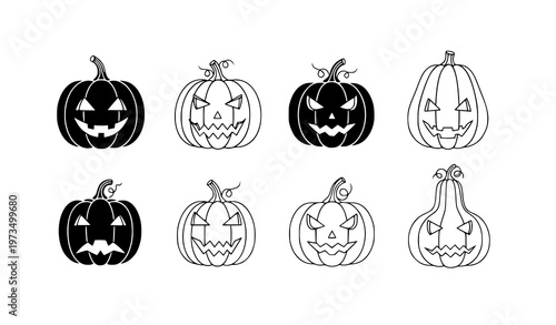 Halloween Pumpkin Icon Set Black and Orange Filled and Outline Vector Collection