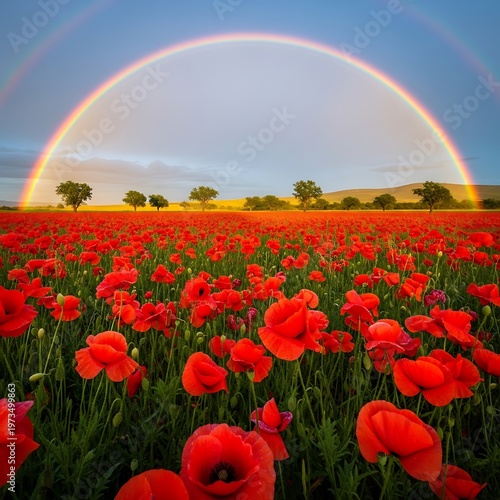 Vibrant Red Poppy Field Under a Rainbow Sky.