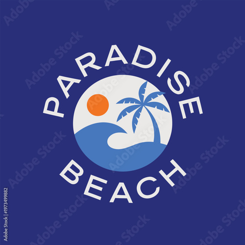 Blue beach themed circular with orange sun and white palm tree silhouette circle