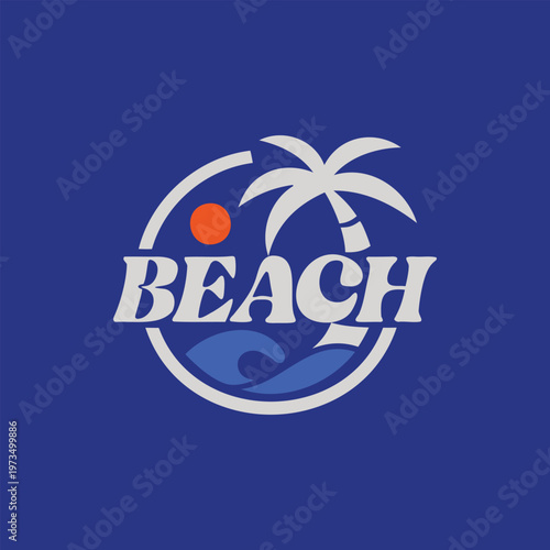 Blue circle with white beach umbrella and orange sun