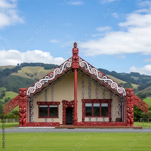 Traditional Maori Meeting House With Intricate Carvings and Decorations.