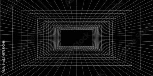 Futuristic perspective grid box. Abstract wireframe with white grid line on black background. Virtual reality landscape in 80s 90s digital style. Vector