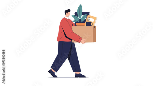 Two men moving boxes and office equipment in a workspace environment