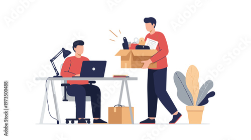 Two men moving boxes and office equipment in a workspace environment