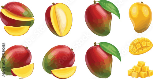 Mango Fruit Set with Whole, Sliced, and Cubed Illustrations for Healthy Food, Tropical, and Nature-Themed Designs, Vector Art for Digital and Print Projects