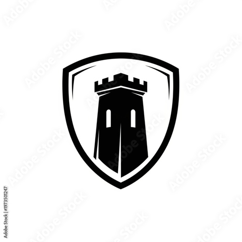 Tower silhouette within a shield emblem, symbolizing strength and security.