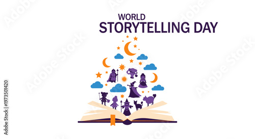 World Storytelling Day Illustration with Open Book and Magic Tales