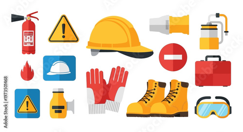 Yellow safety equipment for workers. Vector Illustrations. EPS Editable