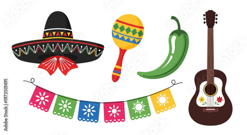 Sombrero and maraca musical instruments. Vector Illustrations. EPS Editable