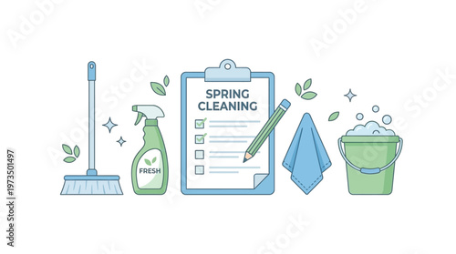 Spring cleaning checklist and tools. Vector Illustrations. EPS Editable