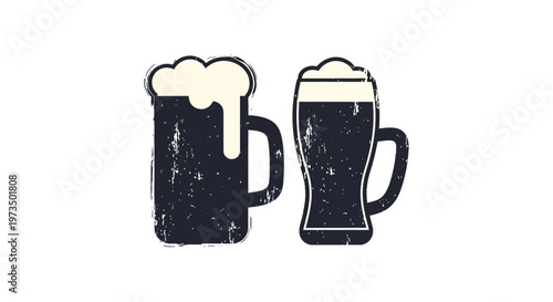 Two beer mugs with frothy tops. Vector Illustrations. EPS Editable