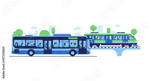 Two Blue City Buses Side by Side. Vector Illustrations. EPS Editable