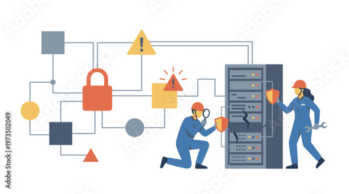 Two workers repairing server with security. Vector Illustrations. EPS Editable