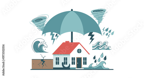 Umbrella Protecting House from Storm. Vector Illustrations. EPS Editable