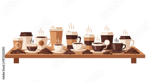 Variety of coffee cups on table. Vector Illustrations. EPS Editable