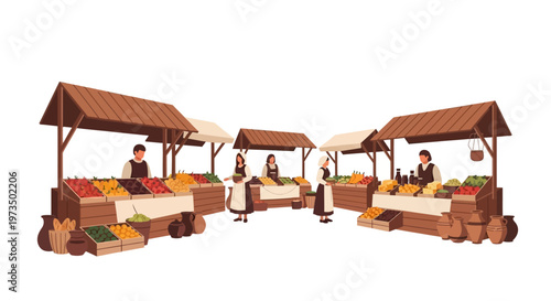 Vendors selling fresh produce outdoors. Vector Illustrations. EPS Editable