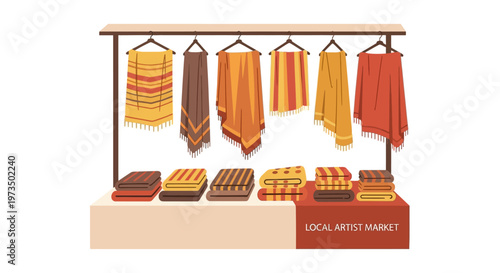 Vibrant scarves on display stand. Vector Illustrations. EPS Editable