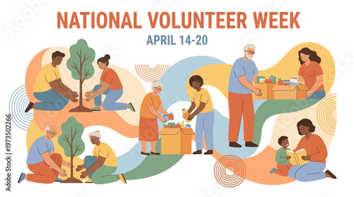Volunteers helping community together outdoors. Vector Illustrations. EPS Editable