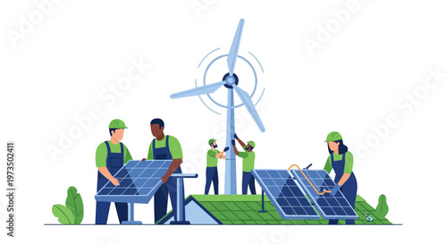 Workers installing solar panels outdoors. Vector Illustrations. EPS Editable