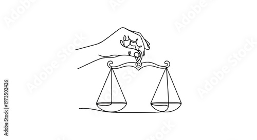 Justice, law, balance scale, hand holding, one line drawing, black line art