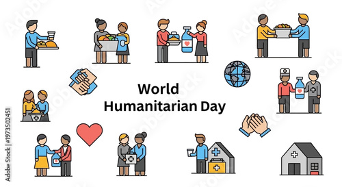 World Humanitarian Day concept with diverse people helping others. Vector Illustrations. EPS Editable
