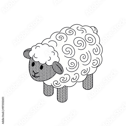Stylized Sheep Illustration with Curly Wool and Knitted Texture.