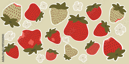 Strawberry stickers set. Set of cute strawberry stickers in flat hand drawn style. Includes whole, bitten and unripe strawberries with small flowers.