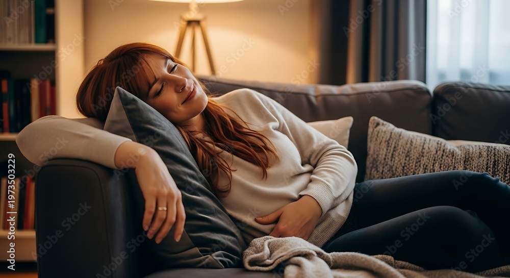 Obraz premium Woman resting on couch, holding stomach, looking tired and unwell.