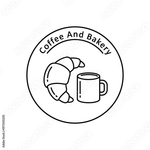 Coffee and Bakery Circle Logo with Croissant and Coffee Mug Line Art Vector illustration.