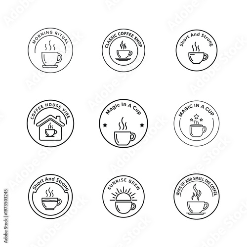 Coffee Shop Circle Logo Collection Morning Ritual and Brew Theme Line Art Vector illustration.