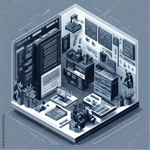 Isometric view of a computer server room with racks and equipment.