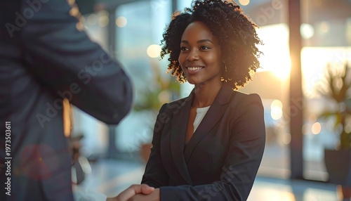 A smiling Black woman in a business suit shakes hands with someone off-camera, bathed in warm sunlight filtering through office windows